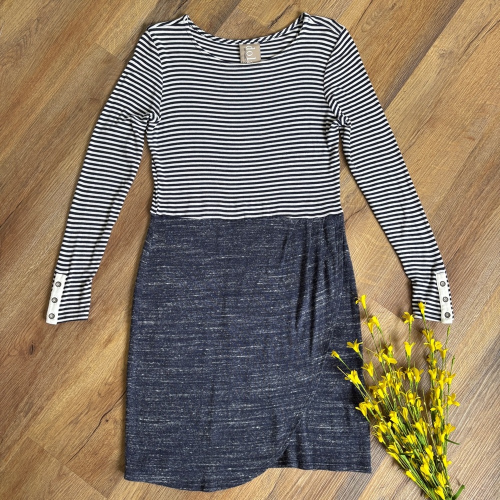 Anthropologie, Dolan Left Coast Blue/White stripe faux wrap dress Sz. S (c)